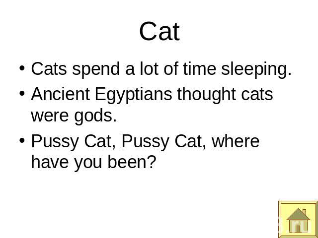 Cat Cats spend a lot of time sleeping.Ancient Egyptians thought cats were gods.Pussy Cat, Pussy Cat, where have you been?