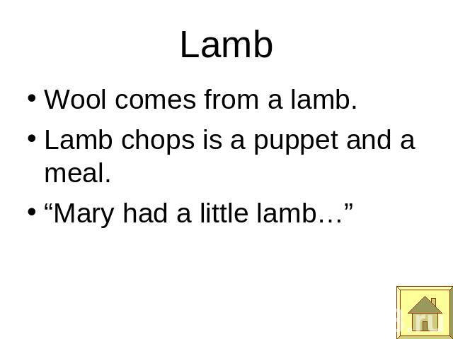 Lamb Wool comes from a lamb.Lamb chops is a puppet and a meal.“Mary had a little lamb…”