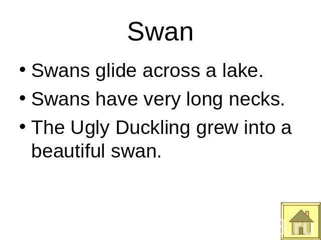 Swan Swans glide across a lake.Swans have very long necks.The Ugly Duckling grew into a beautiful swan.