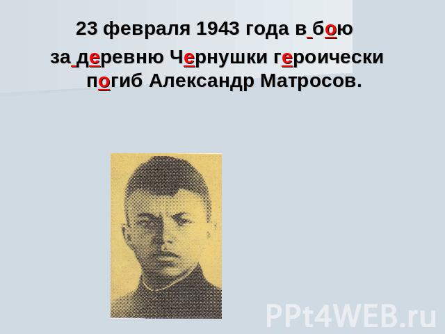 23 февраля 1943 года в бою за деревню Чернушки героически погиб Александр Матросов.
