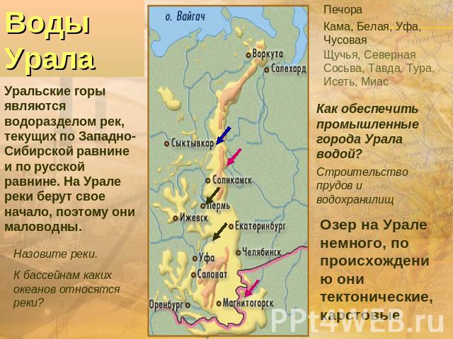 Воды УралаУральские горы являются водоразделом рек, текущих по Западно-Сибирской равнине и по русской равнине. На Урале реки берут свое начало, поэтому они маловодны.К бассейнам каких океанов относятся реки?Кама, Белая, Уфа, ЧусоваяЩучья, Северная С…
