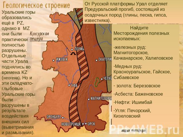 Уральские горы образовались ещё в PZ, однако в MZ они были практически полностью разрушены. Отдельные части Урала поднялись во времена KZ (неогена). Но и эти складчато-глыбовые Уральские горы были разрушены в результате воздействия внешних сил (выве…