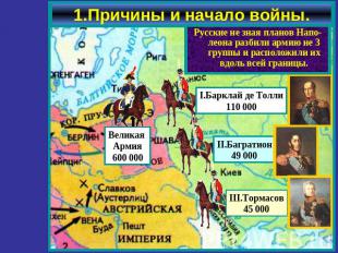 1.Причины и начало войны. Русские не зная планов Напо-леона разбили армию не 3 г