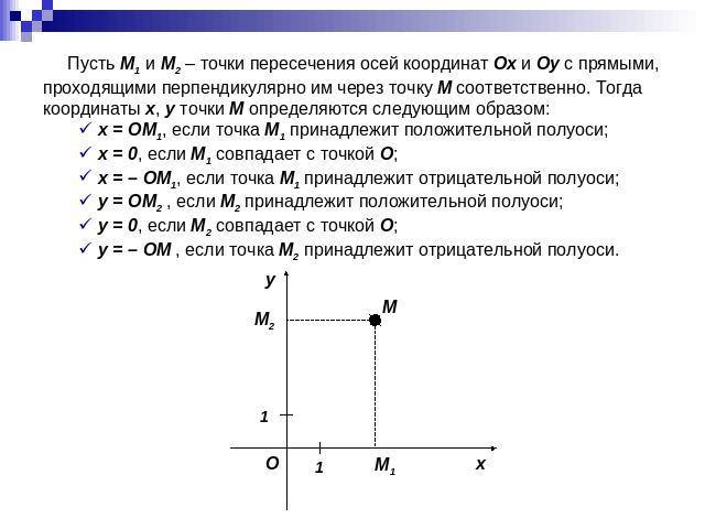 Пусть M1 и M2 – точки пересечения осей координат Ox и Oy с прямыми, проходящими перпендикулярно им через точку M соответственно. Тогда координаты x, y точки M определяются следующим образом: x = OM1, если точка M1 принадлежит положительной полуоси; …