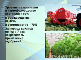 Уровень механизации в картофелеводстве составляет 50%,в овощеводстве – ок.30%,в