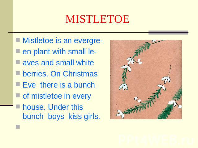 MISTLETOE Mistletoe is an evergre-en plant with small le-aves and small white berries. On ChristmasEve there is a bunchof mistletoe in every house. Under this bunch boys kiss girls.