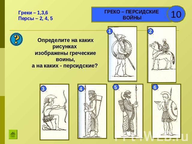 Греки – 1,3,6Персы – 2, 4, 5Определите на каких рисунках изображены греческие воины,а на каких - персидские?
