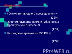 Результат:«Отличник народного просвещения»-4 (22%) Диплом лауреата премии губерн