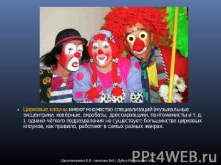 Цирковые клоуны имеют множество специализаций (музыкальные эксцентрики, ковёрные