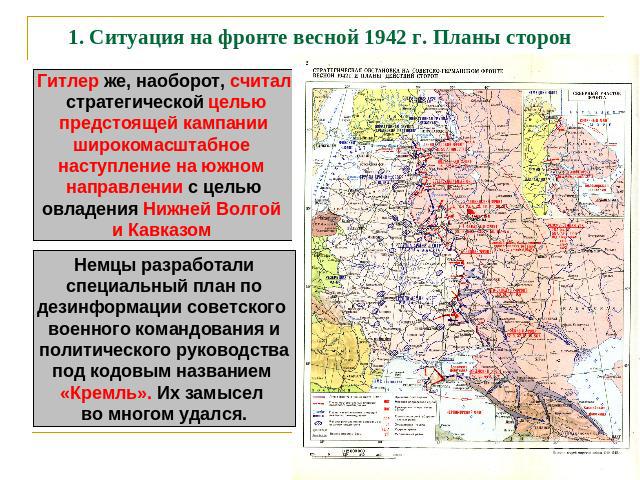 1. Ситуация на фронте весной 1942 г. Планы сторон Гитлер же, наоборот, считал стратегической цельюпредстоящей кампанииширокомасштабное наступление на южном направлении с цельюовладения Нижней Волгой и Кавказом Немцы разработали специальный план по д…