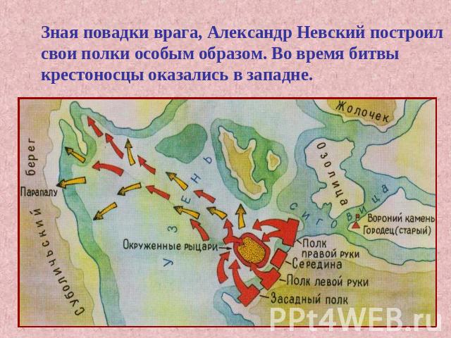 Зная повадки врага, Александр Невский построилсвои полки особым образом. Во время битвы крестоносцы оказались в западне.