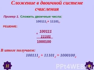 Сложение в двоичной системе счисления Пример 1. Сложить двоичные числа: 1001112