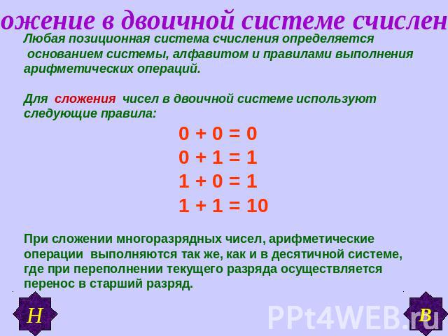 Сложение в двоичной системе счисления Любая позиционная система счисления определяется основанием системы, алфавитом и правилами выполнения арифметических операций.Для сложения чисел в двоичной системе используют следующие правила: 0 + 0 = 0 0 + 1 =…