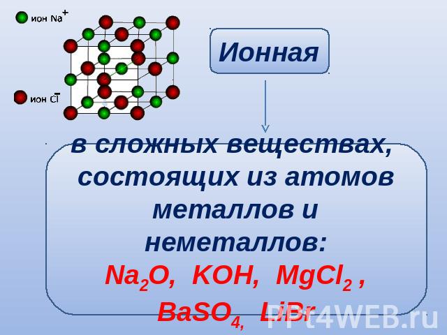 в сложных веществах, состоящих из атомовметаллов и неметаллов:Na2O, KOH, MgCl2 , BaSO4, LiBr