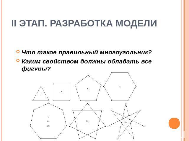 II этап. Разработка модели Что такое правильный многоугольник? Каким свойством должны обладать все фигуры?