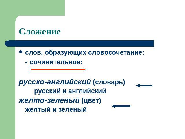 Сложениеслов, образующих словосочетание:- сочинительное:русско-английский (словарь) русский и английский желто-зеленый (цвет)желтый и зеленый