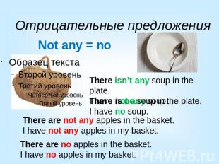 Отрицательные предложенияThere isn’t any soup in the plate.I have not any soup.T