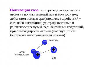 Ионизация газа - это распад нейтрального атома на положительный ион и электрон п