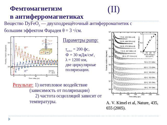 Фемтомагнетизм в антиферромагнетикахВещество DyFeO3 — двухподрещёточный антиферромагнетик с большим эффектом Фарадея θ = 3 о/см. Параметры pump:τpulse = 200 фс,Ф = 30 мДж/см2,λ = 1200 нм,две циркулярные поляризации.Результат: 1) нетепловое воздейств…