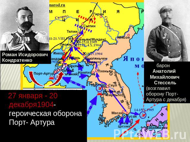 27 января - 20 декабря1904- героическая оборона Порт- Артура барон  Анатолий  Михайлович  Стессель (возглавил оборону Порт- Артура с декабря)