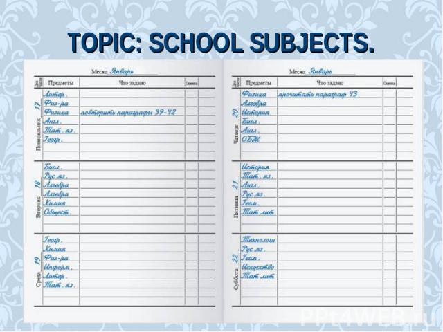 Topic: School subjects.