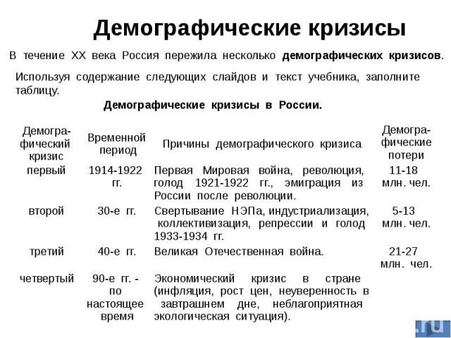 Демографические кризисыВ течение ХХ века Россия пережила несколько демографических кризисов.Используя содержание следующих слайдов и текст учебника, заполните таблицу.
