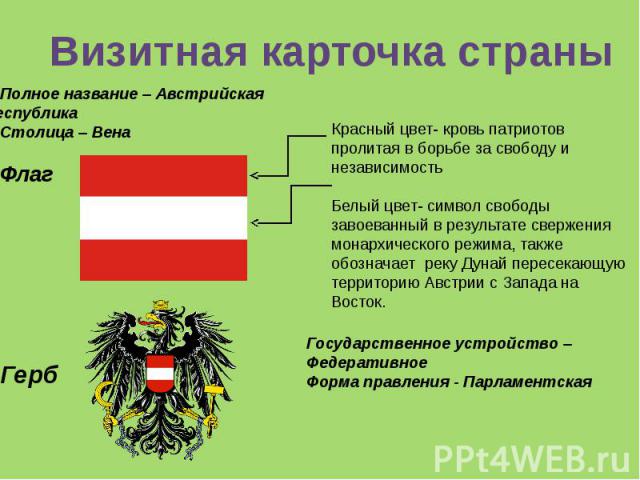 Визитная карточка страныКрасный цвет- кровь патриотов пролитая в борьбе за свободу и независимостьБелый цвет- символ свободы завоеванный в результате свержения монархического режима, также обозначает реку Дунай пересекающую территорию Австрии с Запа…
