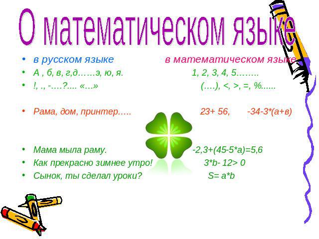 О математическом языке в русском языке в математическом языке А , б, в, г,д……э, ю, я. 1, 2, 3, 4, 5…….. !, ., -….?.... «…» (….), , =, %...... Рама, дом, принтер….. 23+ 56, -34-3*(а+в) Мама мыла раму. -2,3+(45-5*а)=5,6 Как прекрасно зимнее утро! 3*b-…