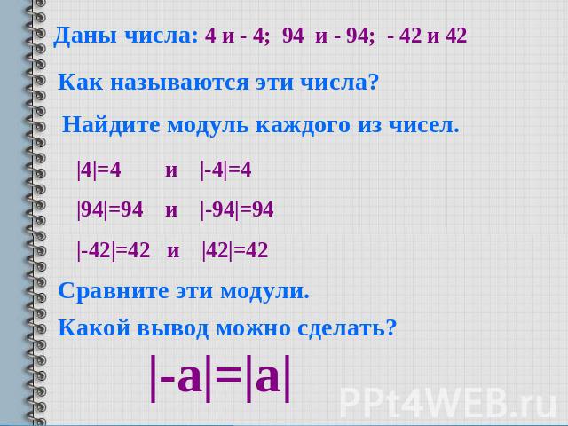 Даны числа: 4 и - 4; 94 и - 94; - 42 и 42 Как называются эти числа? Найдите модуль каждого из чисел. Сравните эти модули. Какой вывод можно сделать?