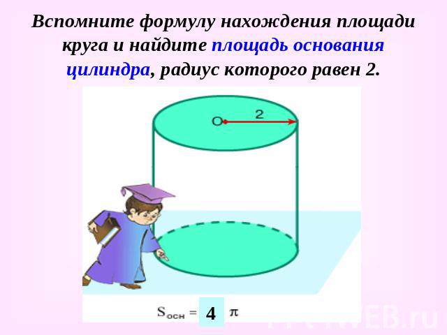 Вспомните формулу нахождения площади круга и найдите площадь основания цилиндра, радиус которого равен 2.