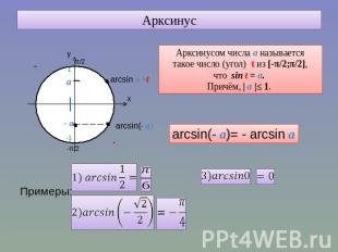 Арксинус Арксинусом числа а называется такое число (угол) t из [-π/2;π/2], что s