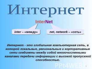 Интернет InterNet inter – «между» net, network – «сеть» Интернет - это глобальна