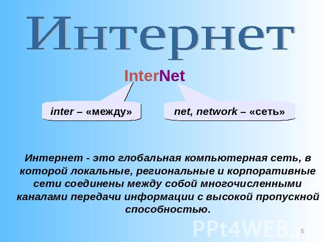 Интернет InterNet inter – «между» net, network – «сеть» Интернет - это глобальная компьютерная сеть, в которой локальные, региональные и корпоративные сети соединены между собой многочисленными каналами передачи информации с высокой пропускной спосо…