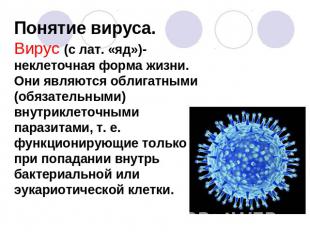 Понятие вируса. Вирус (с лат. «яд»)-неклеточная форма жизни. Они являются облига