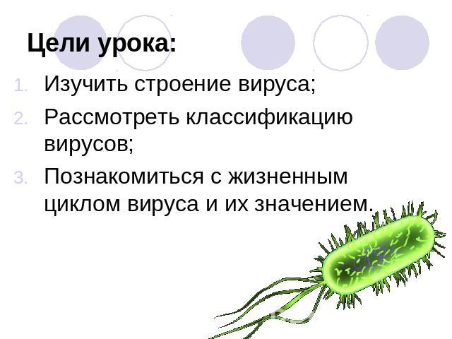 Цели урока: Изучить строение вируса; Рассмотреть классификацию вирусов; Познакомиться с жизненным циклом вируса и их значением.