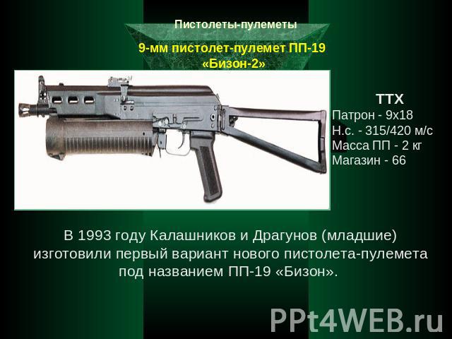 Пистолеты-пулеметы 9-мм пистолет-пулемет ПП-19 «Бизон-2» ТТХ Патрон - 9х18 Н.с. - 315/420 м/с Масса ПП - 2 кг Магазин - 66 В 1993 году Калашников и Драгунов (младшие) изготовили первый вариант нового пистолета-пулемета под названием ПП-19 «Бизон».