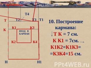 10. Построение кармана: Т К = 7 см. К К1 = 7см. К1К2=К1К3= =К3К4=15 см.