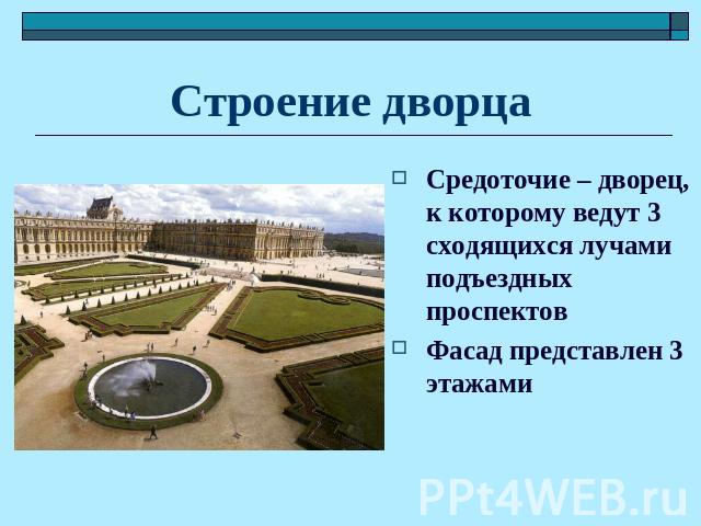 Строение дворца Средоточие – дворец, к которому ведут 3 сходящихся лучами подъездных проспектов Фасад представлен 3 этажами