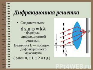 Дифракционная решетка Следовательно: - формула дифракционной решетки. Величина k