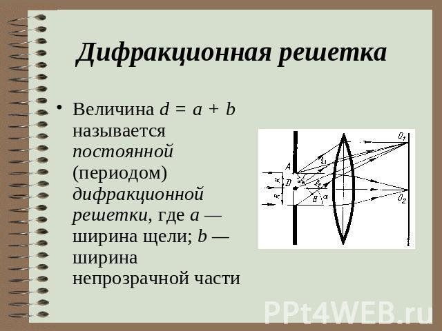 Дифракционная решетка Величина d = a + b называется постоянной (периодом) дифракционной решетки, где а — ширина щели; b — ширина непрозрачной части