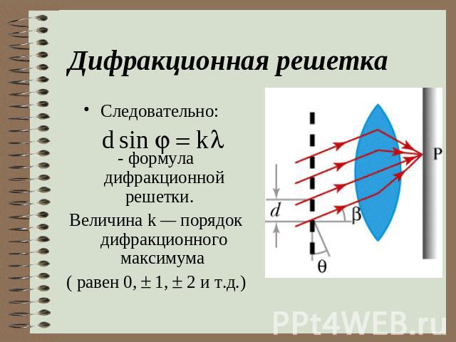 Дифракционная решетка Следовательно: - формула дифракционной решетки. Величина k — порядок дифракционного максимума ( равен 0, 1, 2 и т.д.)