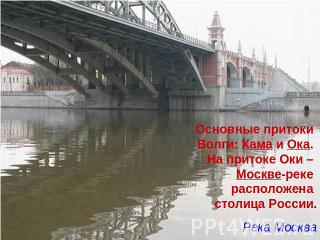Основные притоки Волги: Кама и Ока. На притоке Оки – Москве-реке расположена столица России. Река Москва