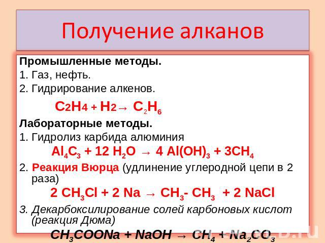 Получение алканов Промышленные методы. Газ, нефть. Гидрирование алкенов. C2H4 + Н2→ C2H6 Лабораторные методы. Гидролиз карбида алюминия Al4C3 + 12 H2O → 4 Al(OH)3 + 3CH4 2. Реакция Вюрца (удлинение углеродной цепи в 2 раза) 2 СН3Сl + 2 Na → CH3- CH3…