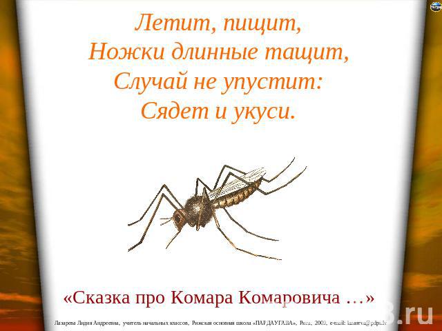Летит, пищит, Ножки длинные тащит, Случай не упустит: Сядет и укуси. «Сказка про Комара Комаровича …»