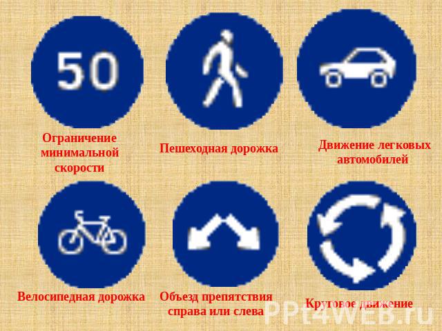 Ограничение минимальной скорости Пешеходная дорожка Движение легковых автомобилей Велосипедная дорожка Объезд препятствия справа или слева Круговое движение