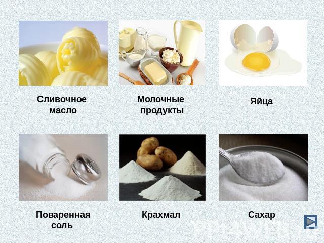 Сливочное масло Молочные продукты Яйца Поваренная соль Крахмал Сахар