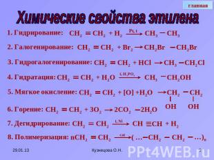 Химические свойства этилена Гидрирование: 2. Галогенирование: 3. Гидрогалогениро