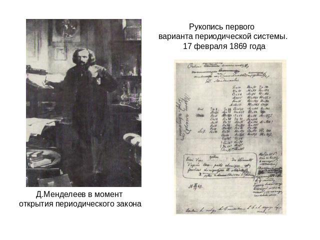 Д.Менделеев в момент открытия периодического закона Рукопись первого варианта периодической системы. 17 февраля 1869 года