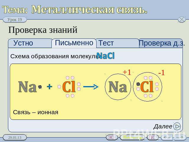 Металлическая связь. Проверка знаний Схема образования молекулы: NaCl Связь – ионная