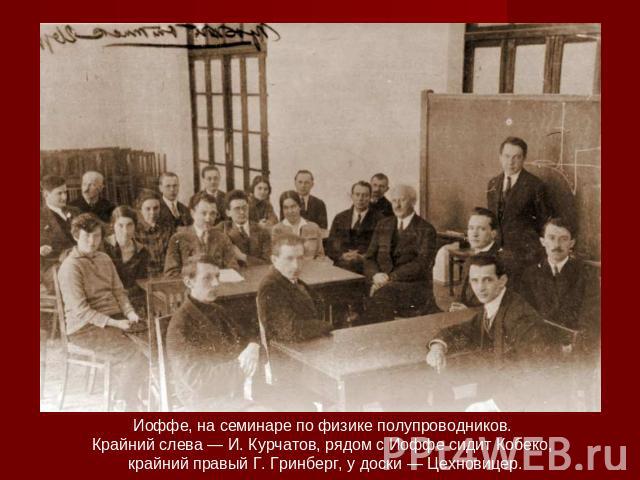 Иоффе, на семинаре по физике полупроводников. Крайний слева — И. Курчатов, рядом с Иоффе сидит Кобеко, крайний правый Г. Гринберг, у доски — Цехновицер.